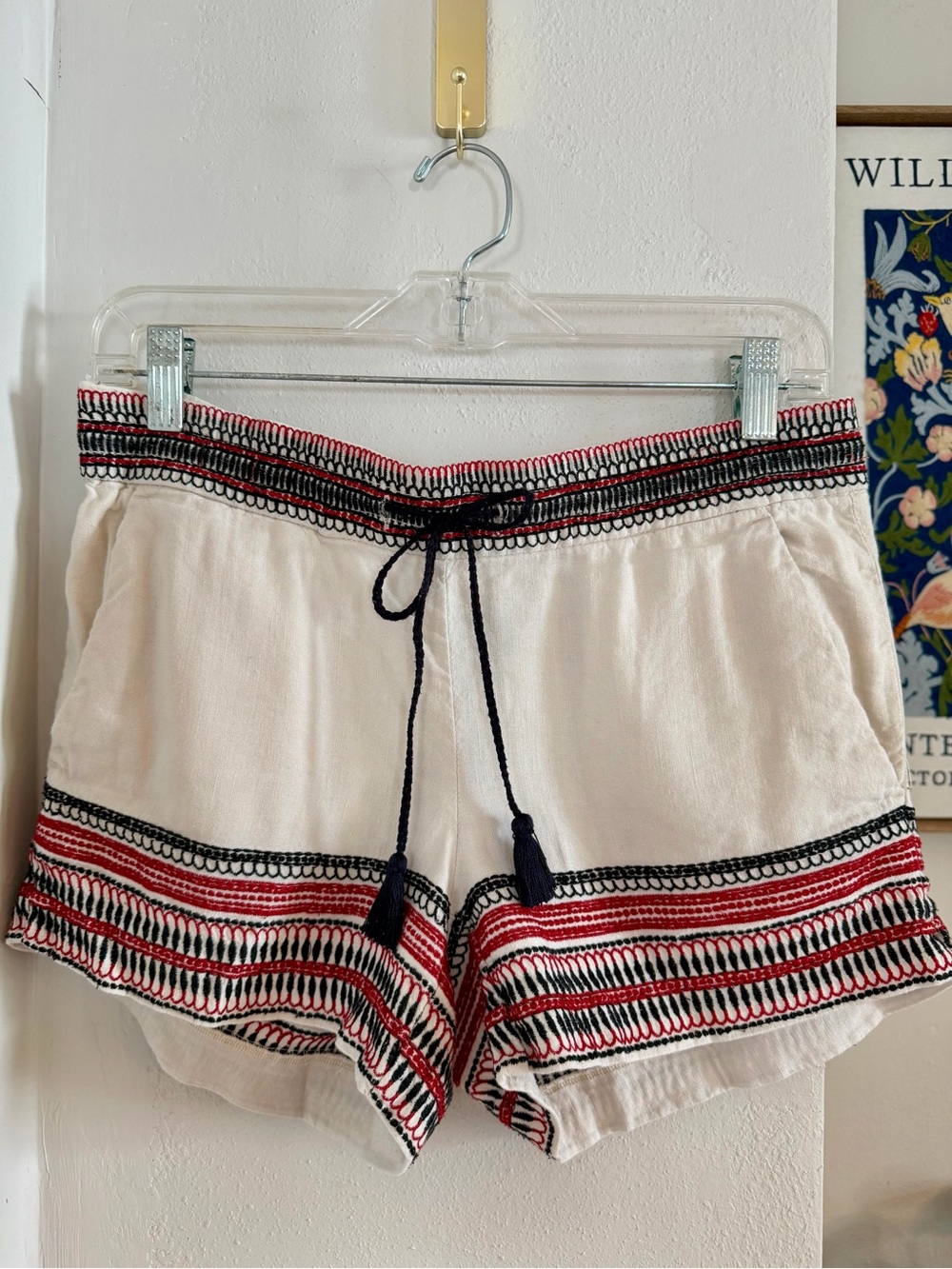LOFT Ivory Linen-Blend Embroidered Trim Shorts XS